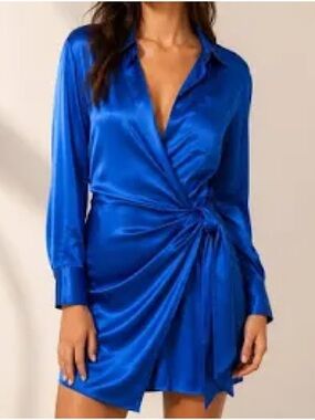 Zara Satin Wrap Mini Dress in Cobalt Blue